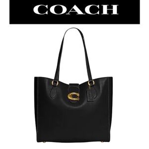 COACH Theo Tote Black Leather Shoulder Bag w/Golden Accents, Authentic. EUC